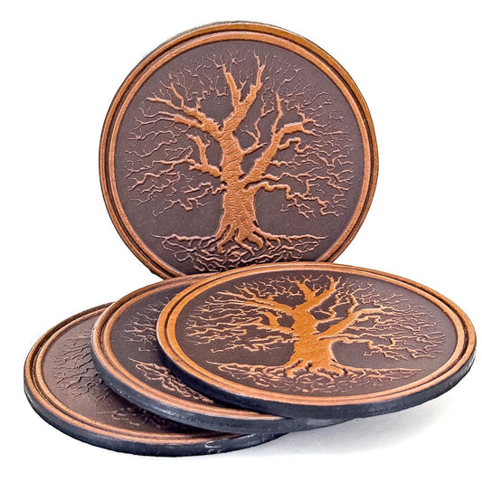 Premium Leather Coasters, Tree of Life, Handmade in The USA, Set of 4, Saddle
