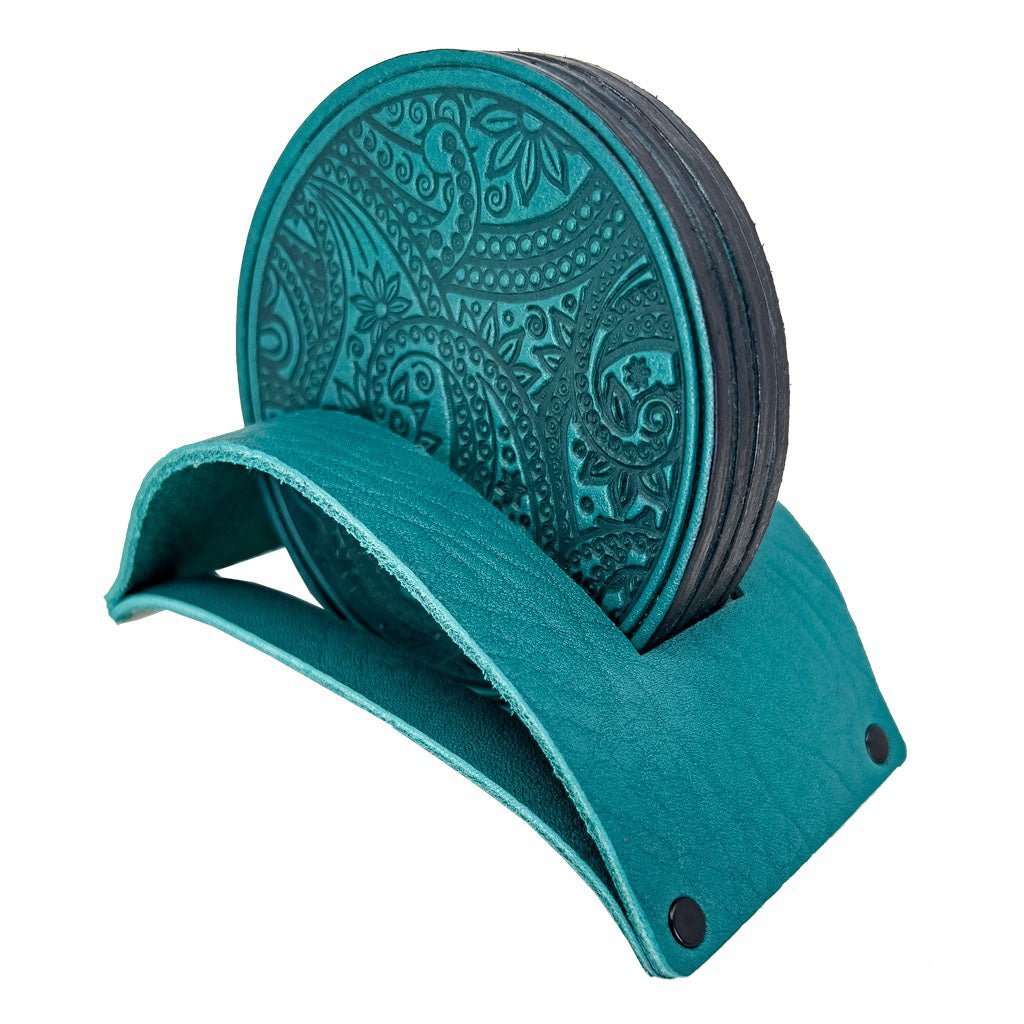 Premium Leather Coasters, Paisley, Handmade in The USA, Set of 4, Teal in Stand Holder