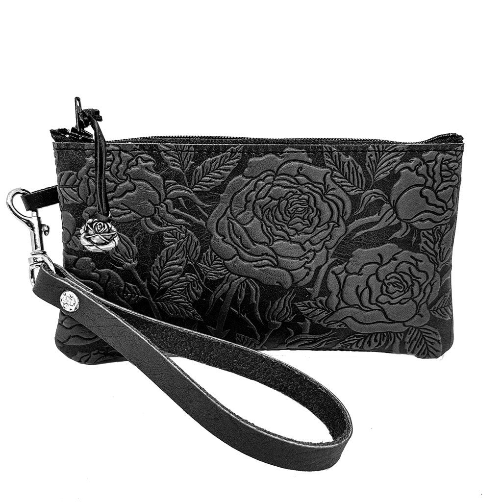 Oberon Design Leather Zip Wristlet Pouch, Wallet, Wild Rose, Black