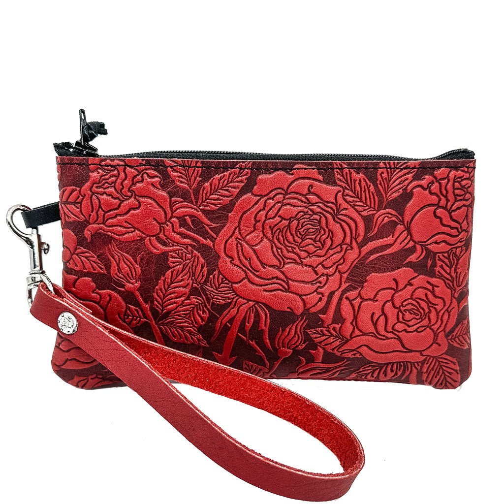 Oberon Design Leather Zip Wristlet Pouch, Wallet, Wild Rose, Red