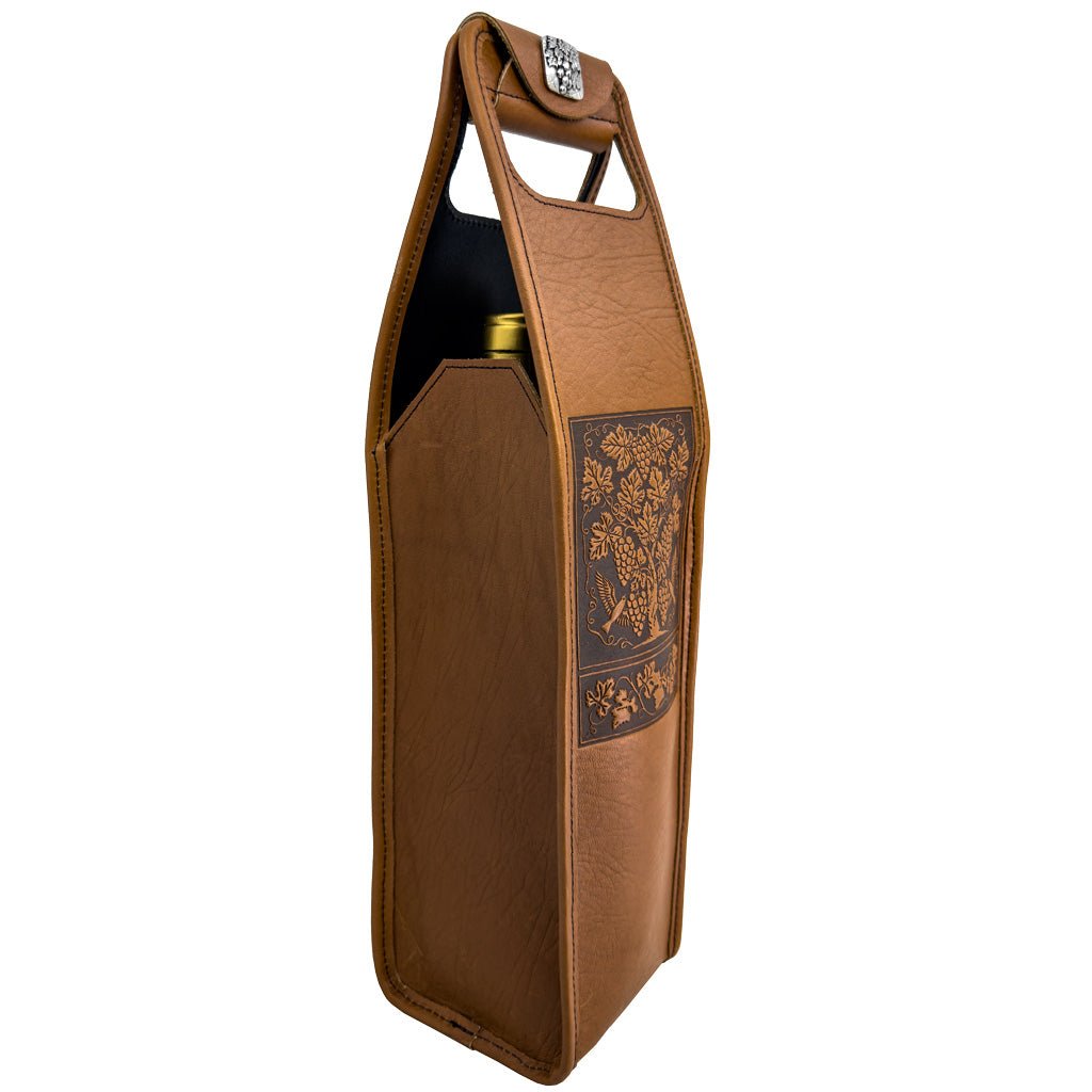 Oberon Design Wine Bottle Carrier Bag, Grapevine, Single. Saddle