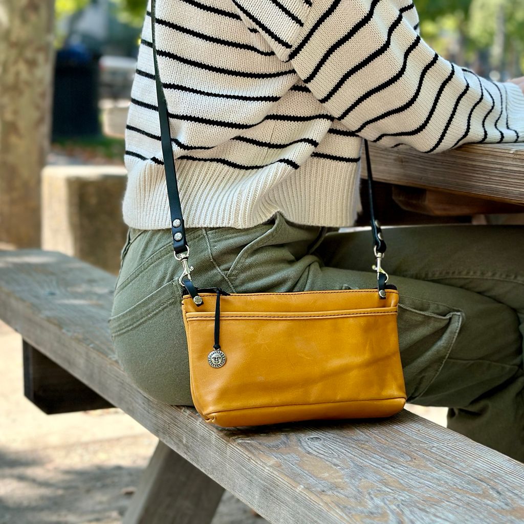 Oberon Design Leather Women's Crossbody Convertible Wristlet Handbag, Yellow, Model