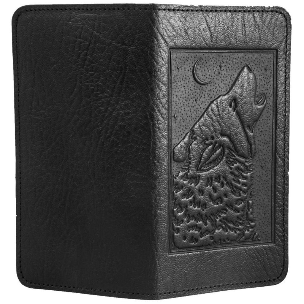 Leather Checkbook Cover | Singing Wolf in Black