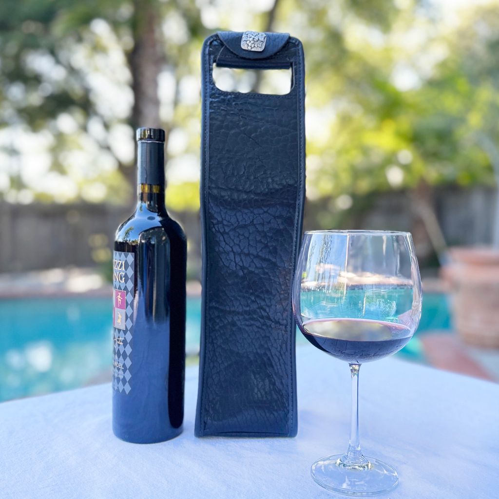 glazed bison black single bottle wine bag with wine bottle and glass
