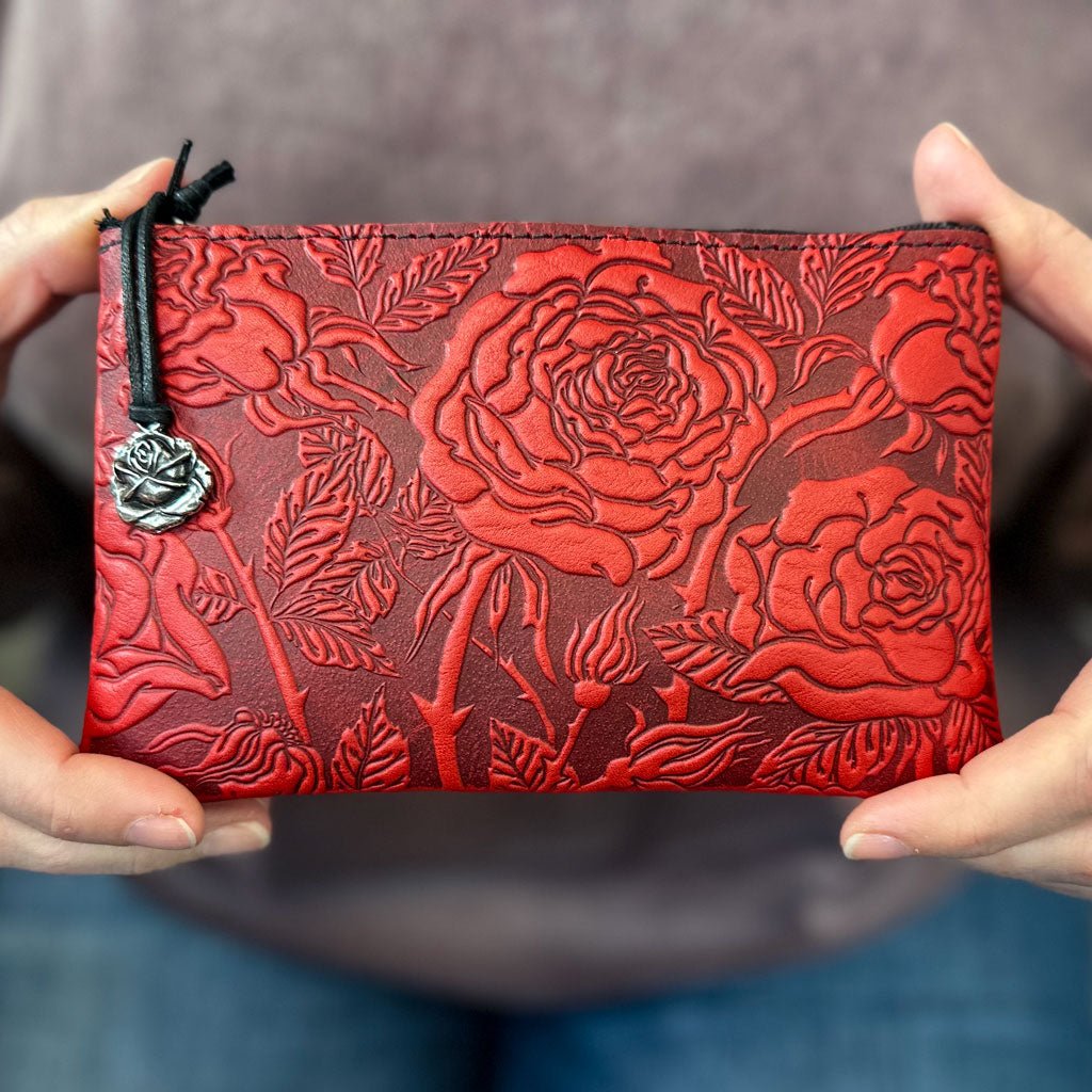 Oberon Design Leather 6 inch Zipper Pouch, Wallet, Coin Purse, Wild Rose, Red,  Model
