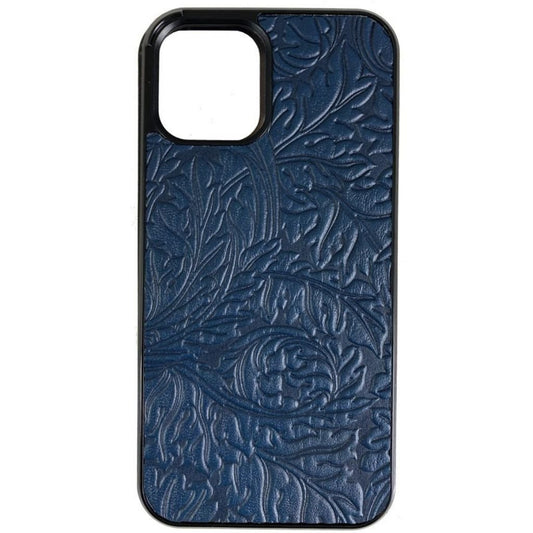 Oberon Design Genuine Leather iPhone Case, Hand-Crafted, Acanthus Leaf, Navy