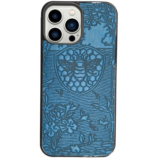 Oberon Design Genuine Leather iPhone Case, Hand-Crafted, Bee Garden, Blue