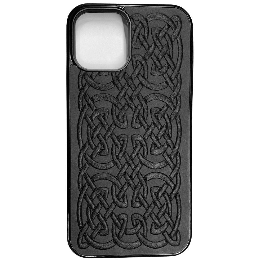 Oberon Design Genuine Leather iPhone Case, Hand-Crafted, Bold Celtic, Black