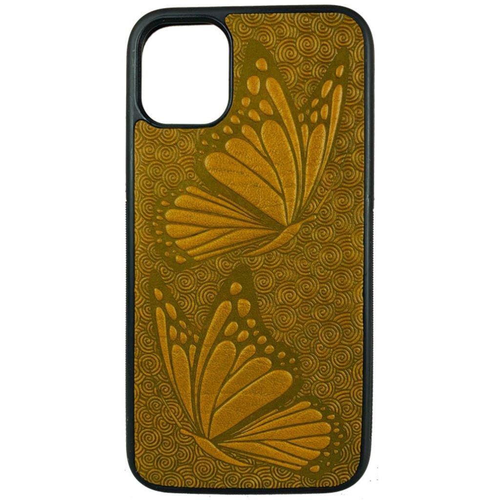 Oberon Design Genuine Leather iPhone Case, Hand-Crafted, Butterflies, Marigold