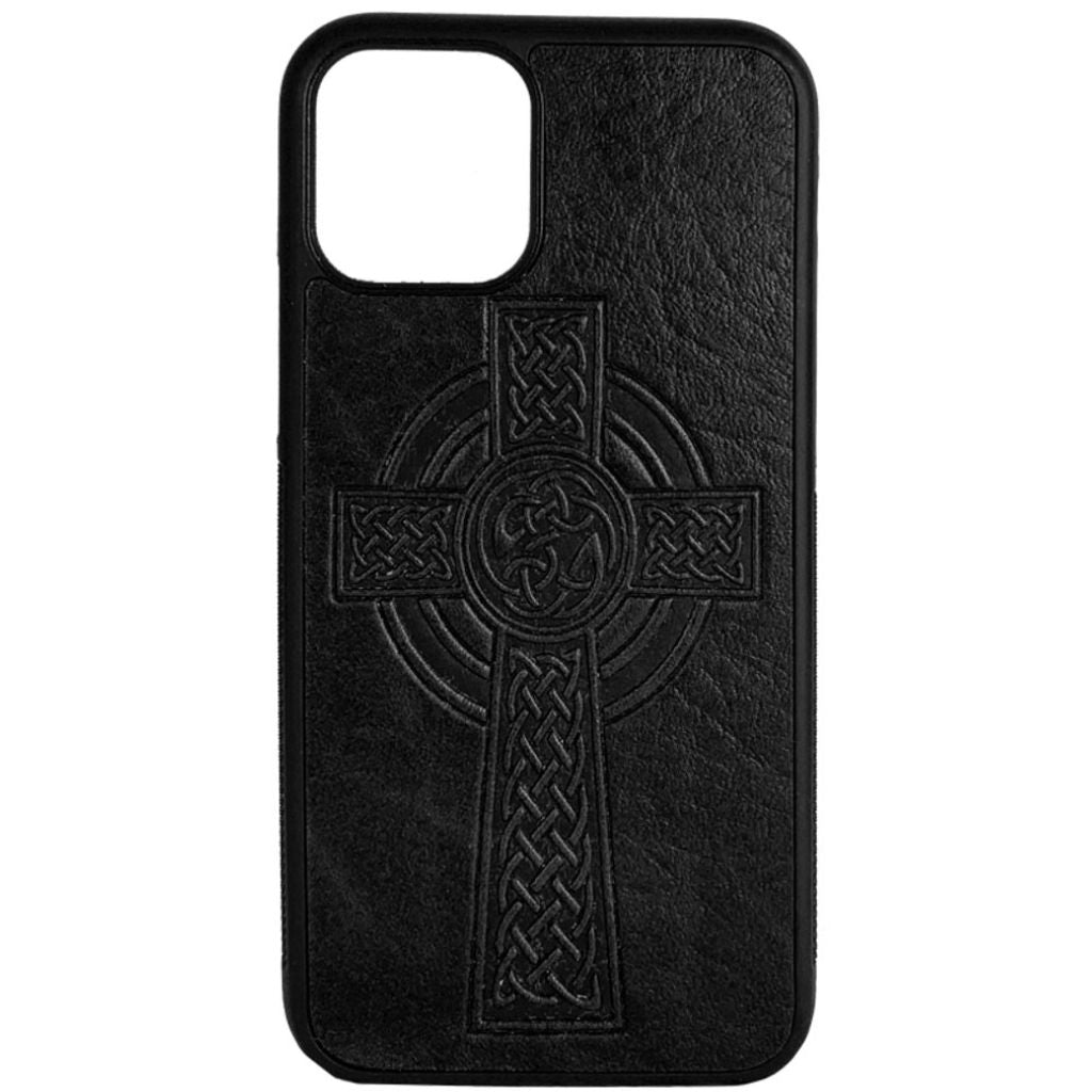 Oberon Design Genuine Leather iPhone Case, Hand-Crafted, Celtic Cross, Black