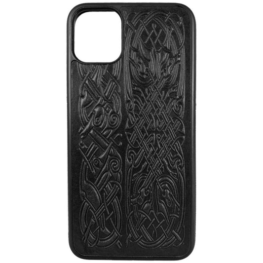 Oberon Design Genuine Leather iPhone Case, Hand-Crafted, Celtic Hounds, Black