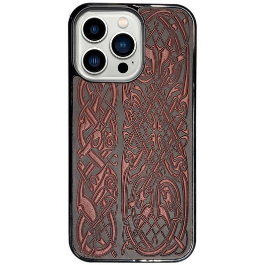 Oberon Design Genuine Leather iPhone Case, Hand-Crafted, Celtic Hounds, Wine