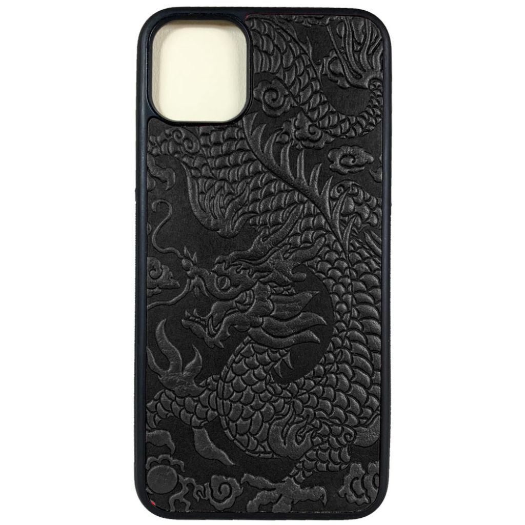 Oberon Design Genuine Leather iPhone Case, Hand-Crafted, Cloud Dragon, Black