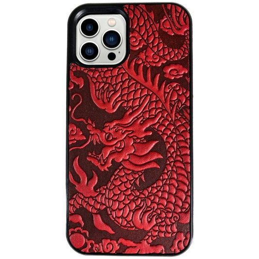Oberon Design Genuine Leather iPhone Case, Hand-Crafted, Cloud Dragon, Red