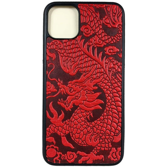 Oberon Design Genuine Leather iPhone Case, Hand-Crafted, Cloud Dragon, Red