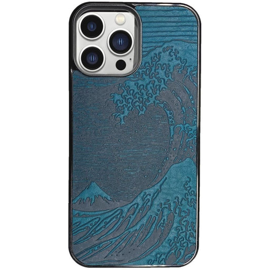 Oberon Design Genuine Leather iPhone Case, Hand-Crafted, Hokusai Wave, Blue
