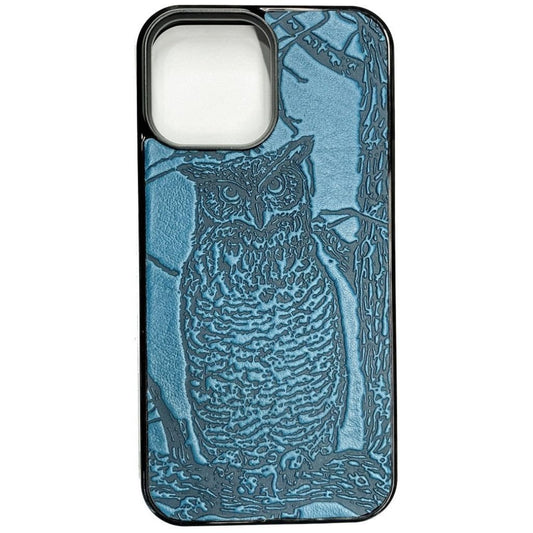 Oberon Design Genuine Leather iPhone Case, Hand-Crafted, Horned Owl, Blue