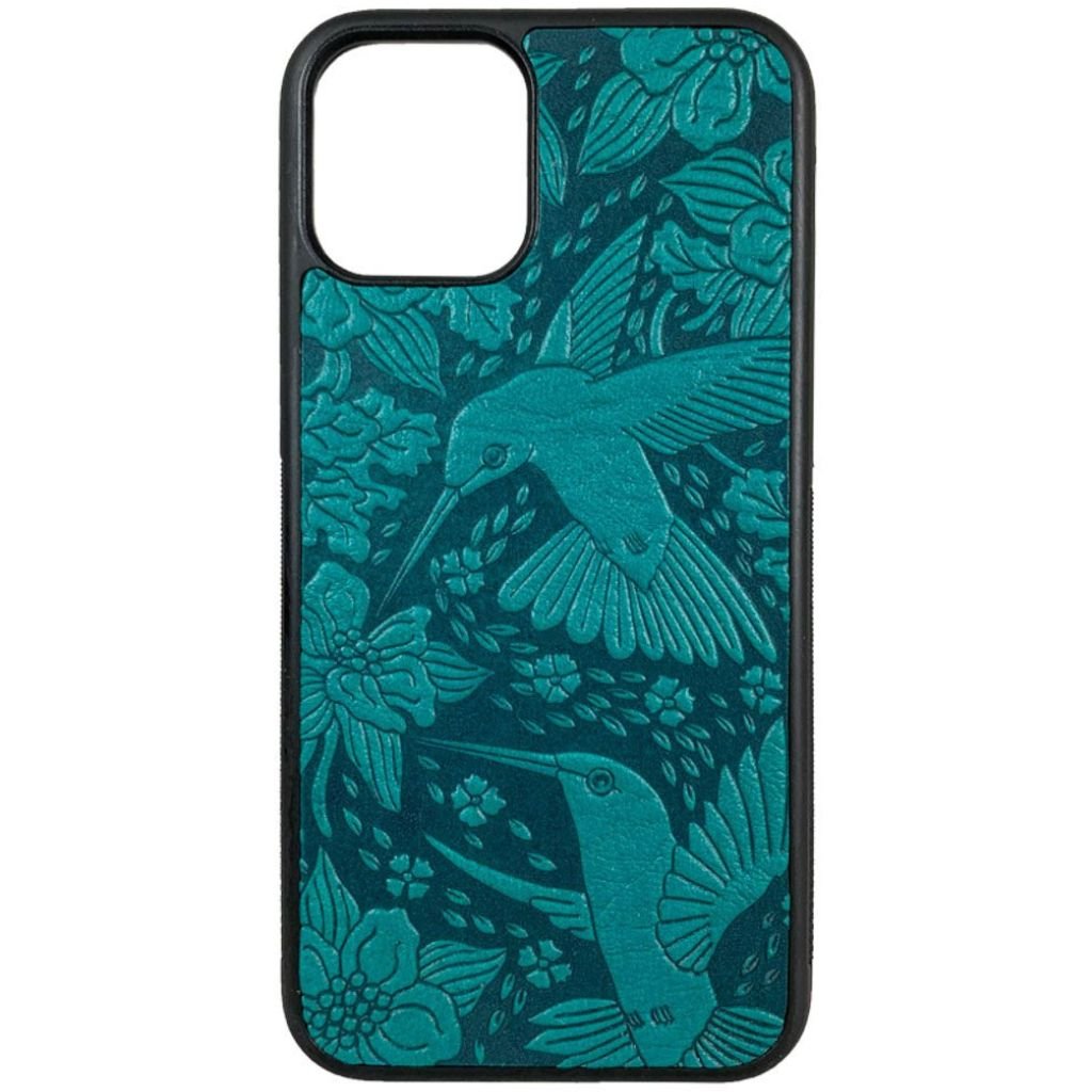 Oberon Design Genuine Leather iPhone Case, Hand-Crafted, Hummingbirds, Teal