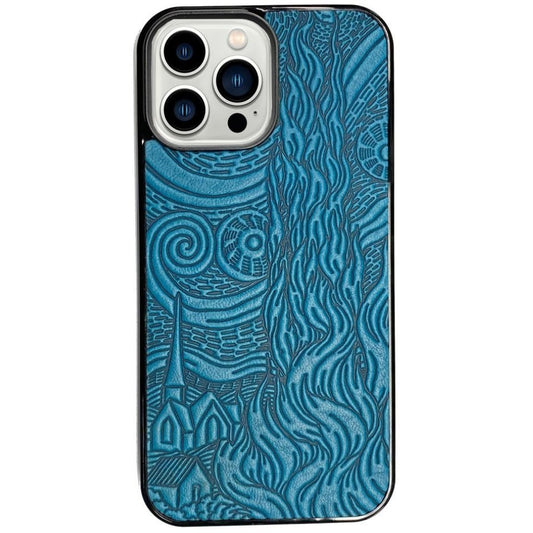 Oberon Design Leather iPhone PRO Case, Hand-Crafted, Van Gogh's Sky, Blue